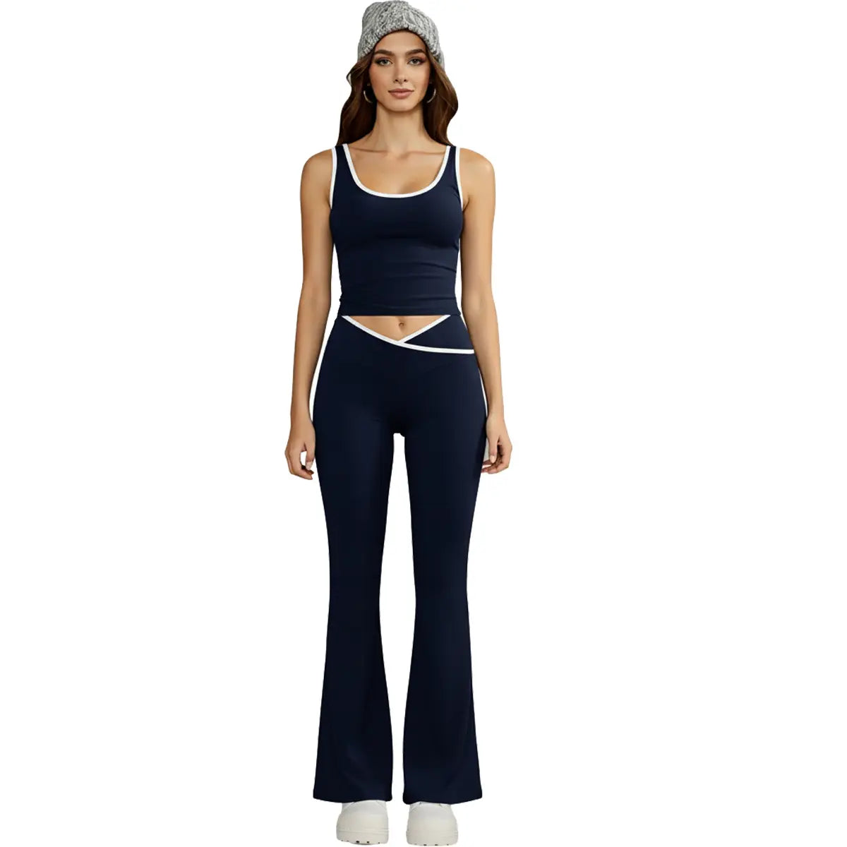 Women'S 2-Piece Yoga Clothes Set, High-Waisted Crossover V-Cut Flare Leggings & Tank Tops, Tummy Control Stretchy Spandex Gymwear for Yoga, Running, 2 Piece Sets, Workout Sets for Women