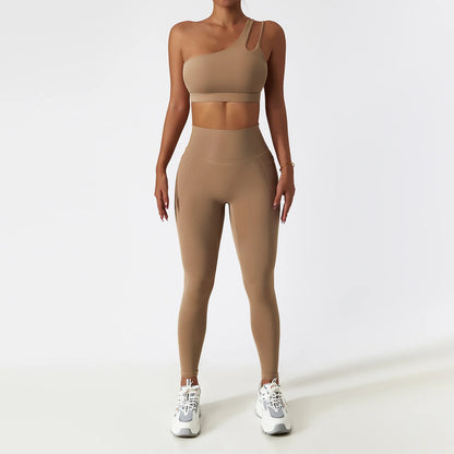 Women Seamless One Shoulder Yoga Set Sexy Sports Bra Workout High Waist Yoga Suit Leggings Workout Set Fitness Suits Sportswear