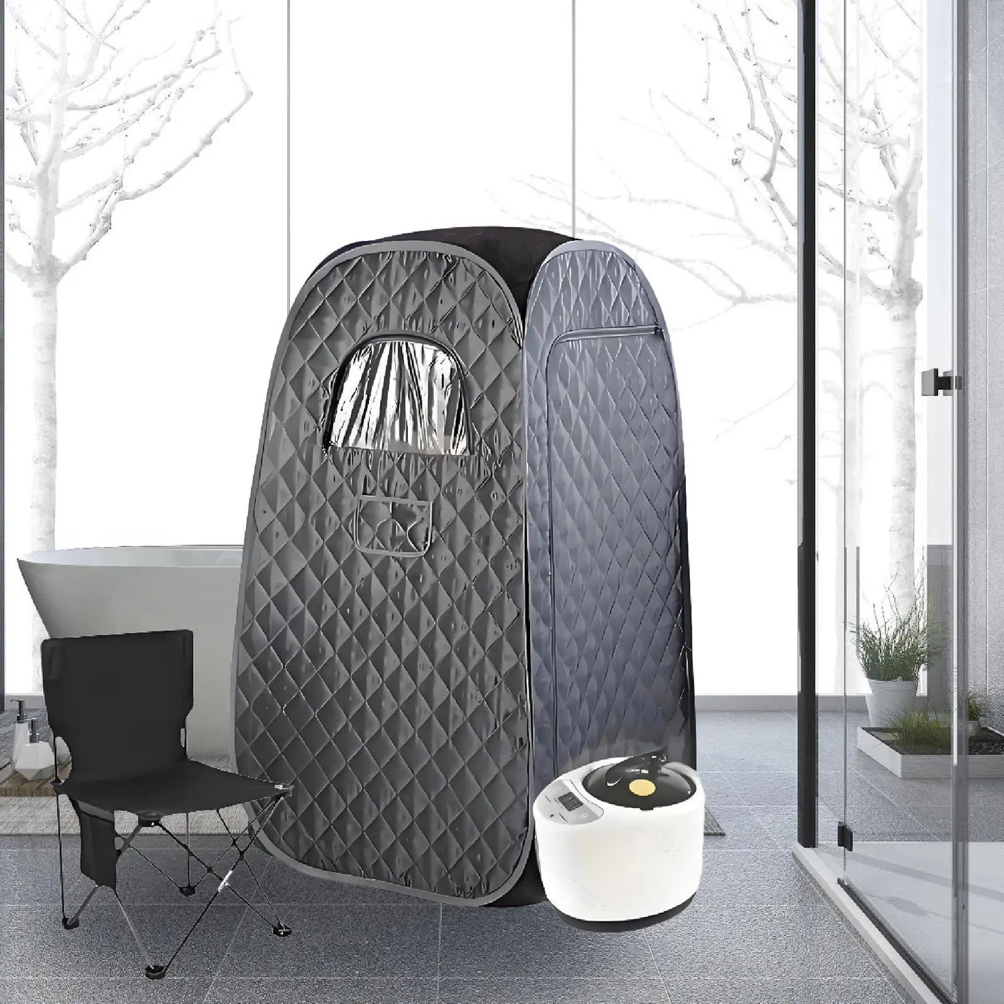 Portable Steam Sauna Box with Folding Chair Black