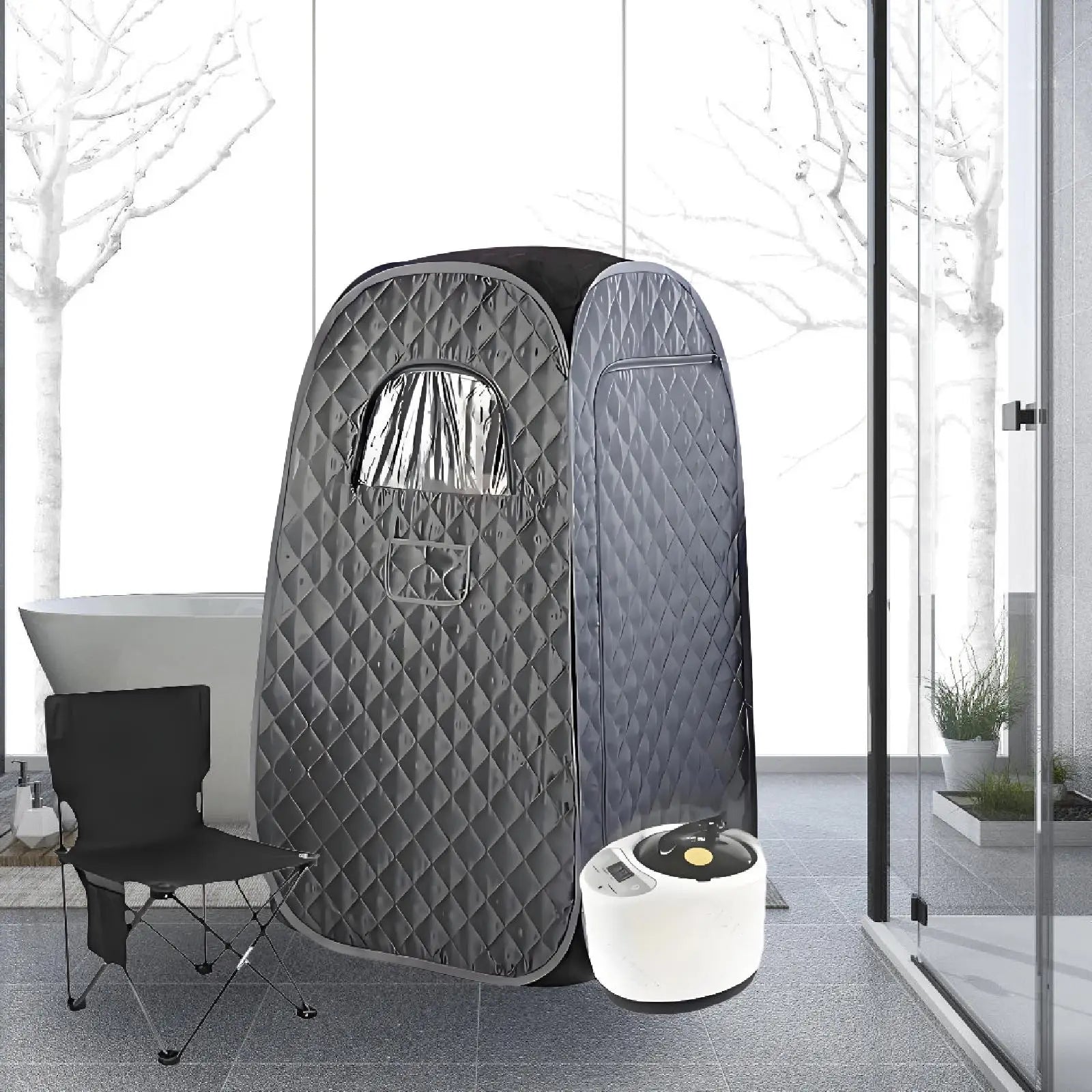 Portable Steam Sauna Box with Folding Chair Black