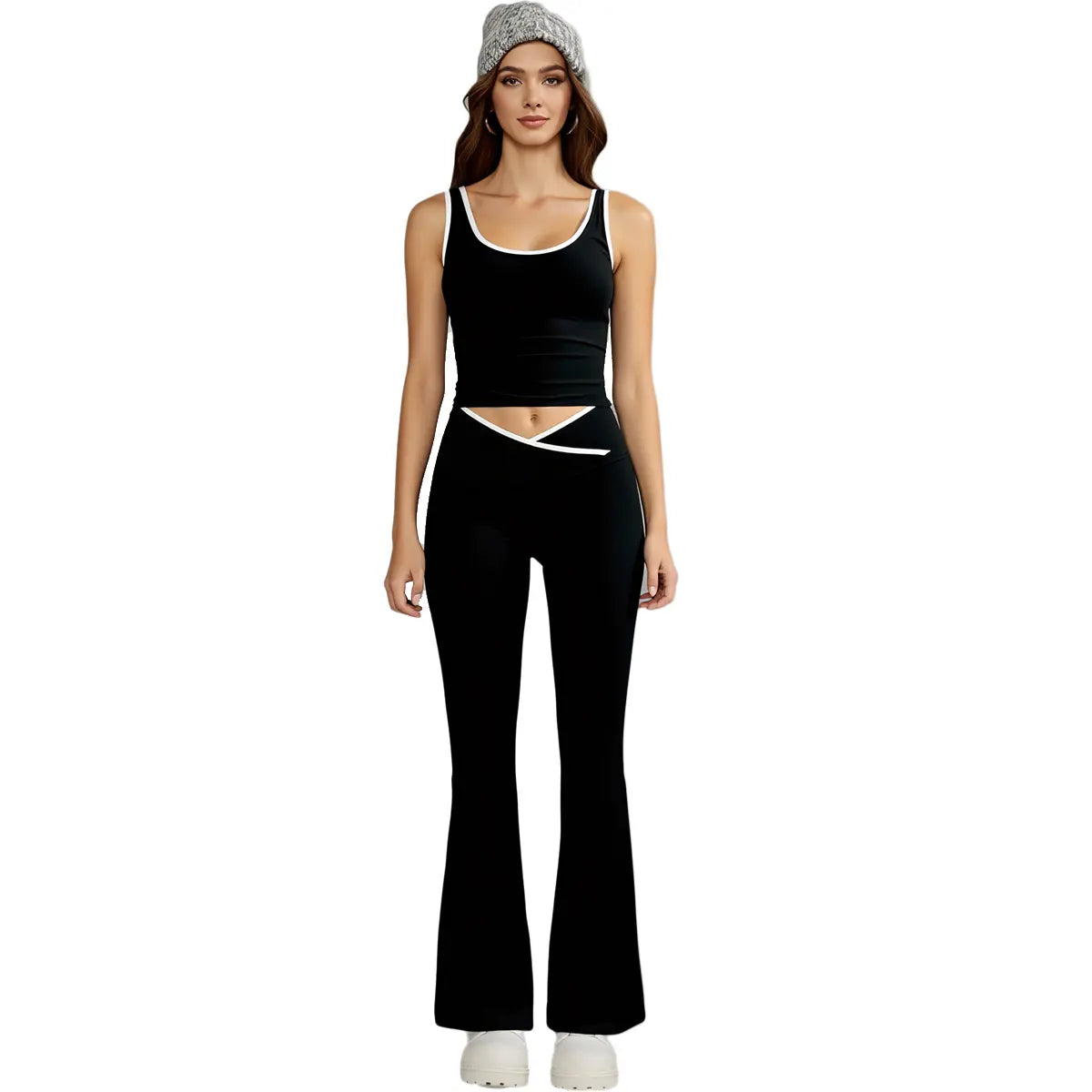 Women'S 2-Piece Yoga Clothes Set, High-Waisted Crossover V-Cut Flare Leggings & Tank Tops, Tummy Control Stretchy Spandex Gymwear for Yoga, Running, 2 Piece Sets, Workout Sets for Women