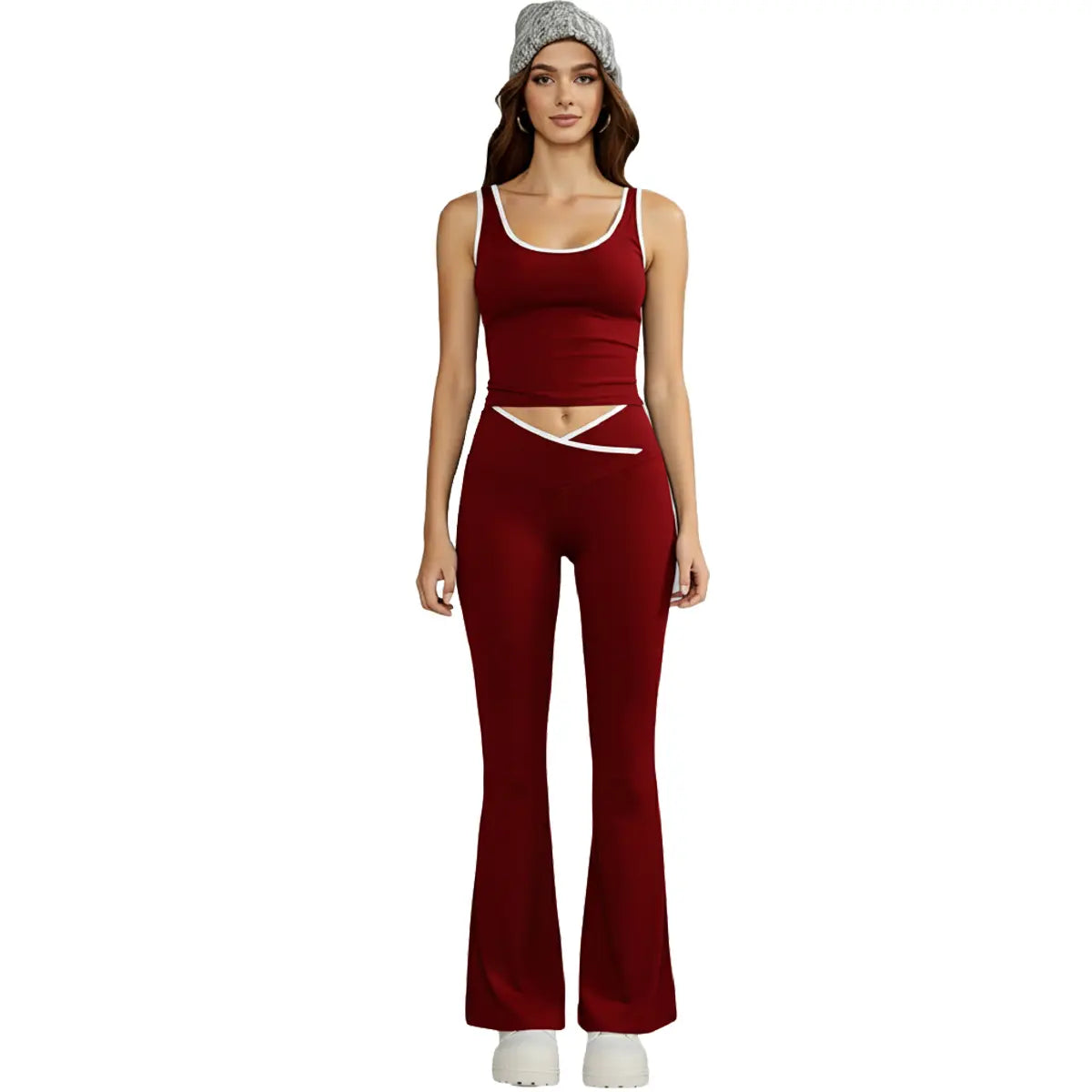 Women'S 2-Piece Yoga Clothes Set, High-Waisted Crossover V-Cut Flare Leggings & Tank Tops, Tummy Control Stretchy Spandex Gymwear for Yoga, Running, 2 Piece Sets, Workout Sets for Women