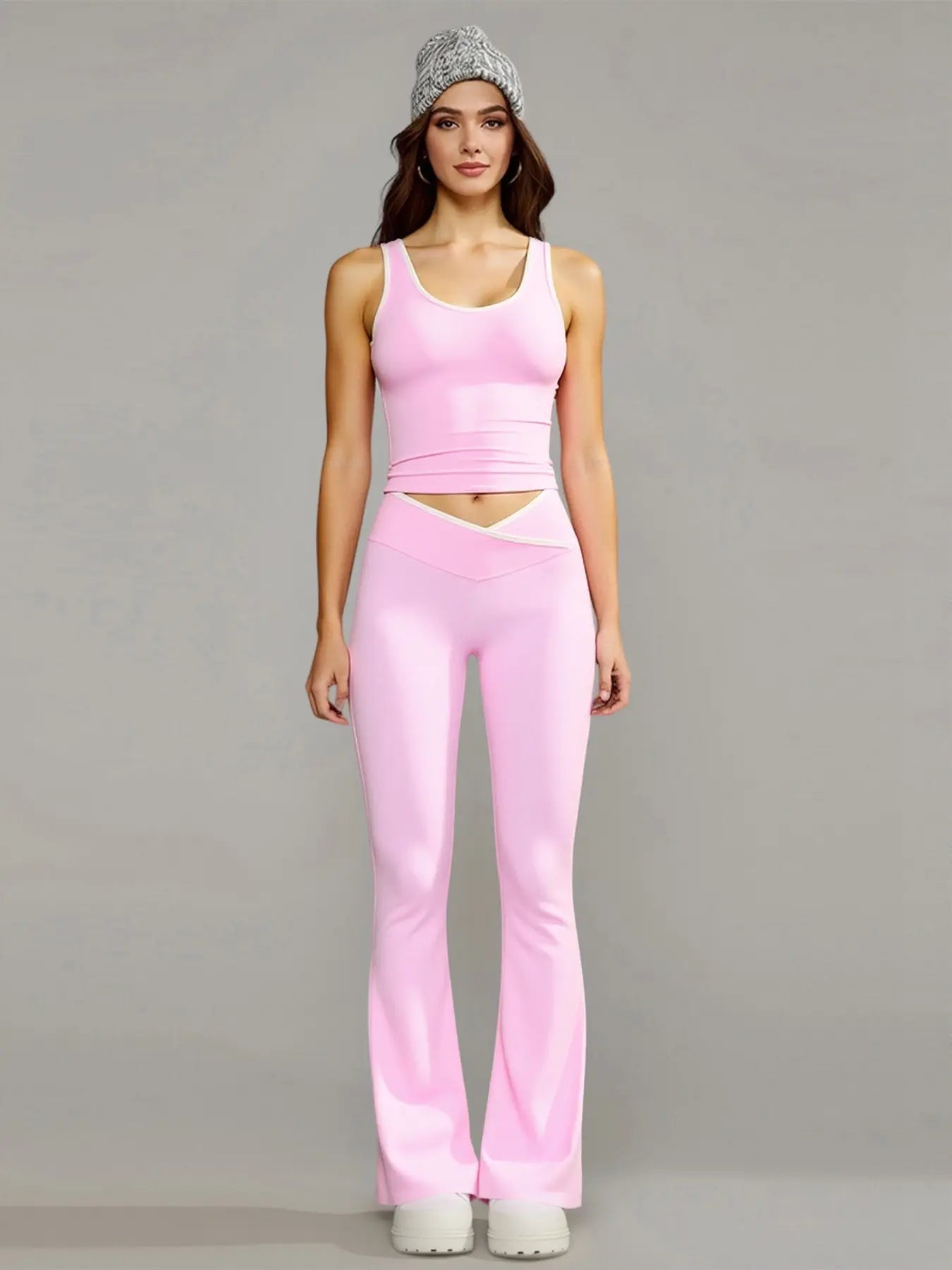 Women'S 2-Piece Yoga Clothes Set, High-Waisted Crossover V-Cut Flare Leggings & Tank Tops, Tummy Control Stretchy Spandex Gymwear for Yoga, Running, 2 Piece Sets, Workout Sets for Women