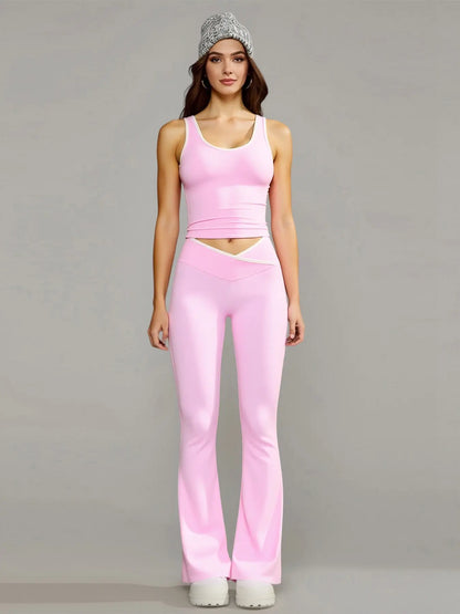 Women'S 2-Piece Yoga Clothes Set, High-Waisted Crossover V-Cut Flare Leggings & Tank Tops, Tummy Control Stretchy Spandex Gymwear for Yoga, Running, 2 Piece Sets, Workout Sets for Women