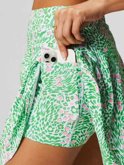 Womens Tennis Skirt with Pockets Green Leaves Print High Waisted Athletic Running Workout 2 in 1 Sports Badminton Golf Skort