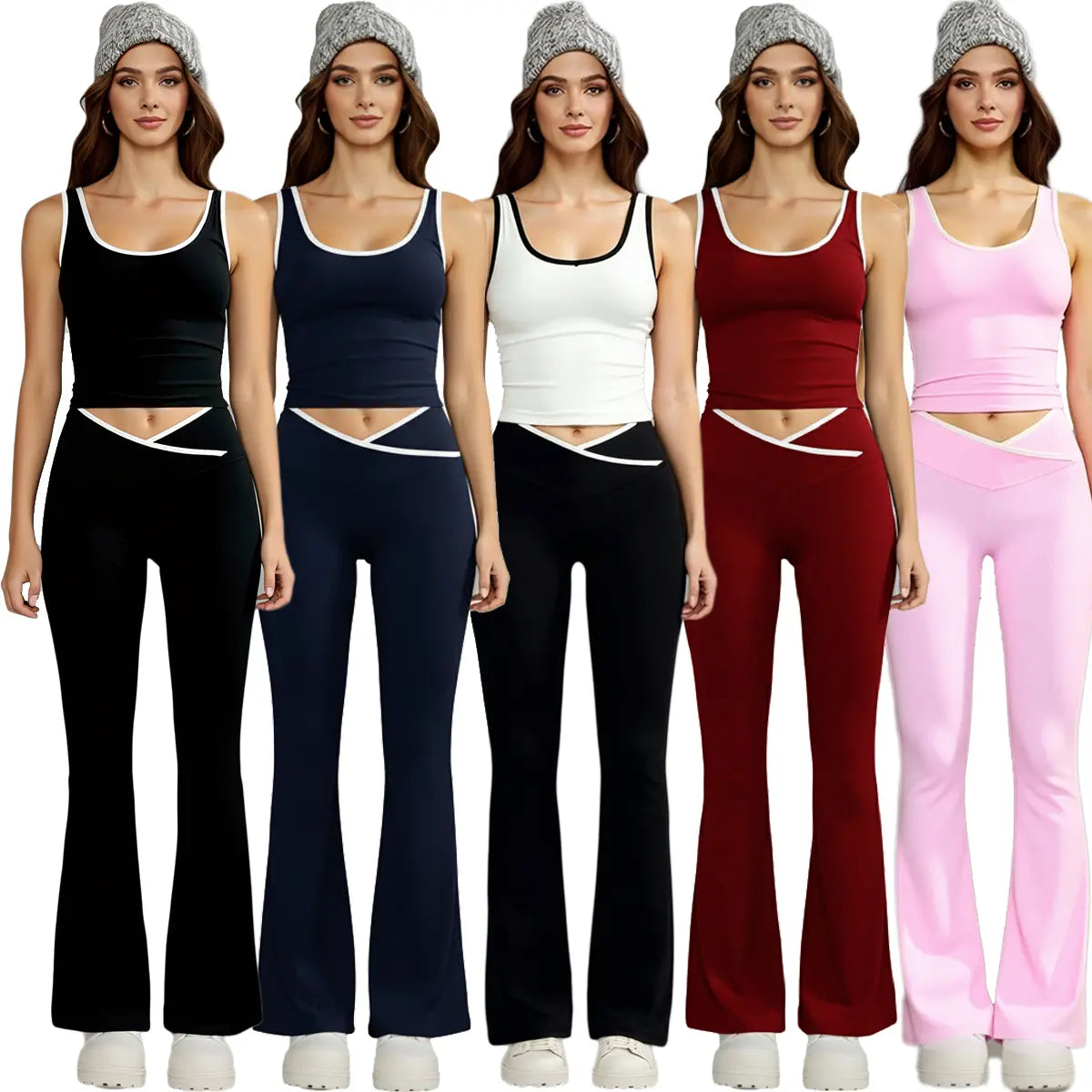 Women'S 2-Piece Yoga Clothes Set, High-Waisted Crossover V-Cut Flare Leggings & Tank Tops, Tummy Control Stretchy Spandex Gymwear for Yoga, Running, 2 Piece Sets, Workout Sets for Women