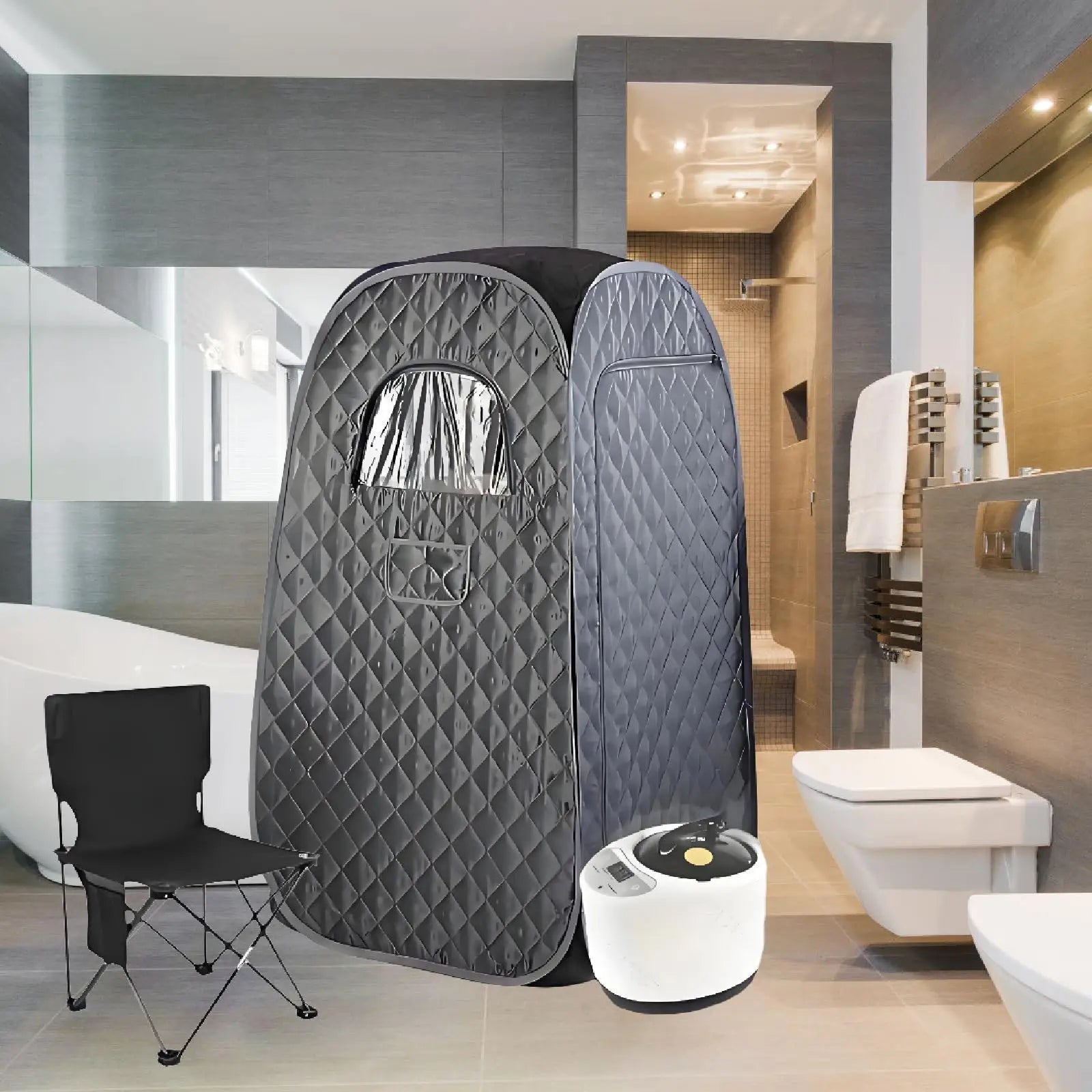 Portable Steam Sauna Box with Folding Chair Black