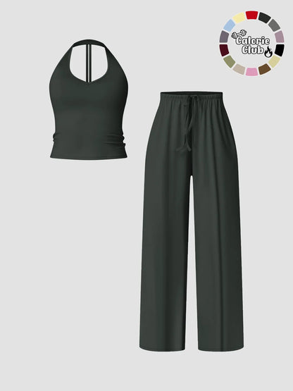 Women'S Quick-Dry Sports Tank Top, Casual High-Waisted Bell Bottoms, Comfortable Sporty, All-Season Plain Style, Sports Wear Set