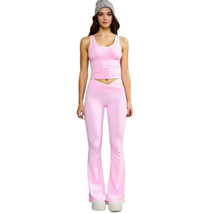 Women'S 2-Piece Yoga Clothes Set, High-Waisted Crossover V-Cut Flare Leggings & Tank Tops, Tummy Control Stretchy Spandex Gymwear for Yoga, Running, 2 Piece Sets, Workout Sets for Women