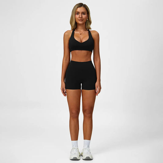 Women's Two-Piece Solid Backless Camisole and High-Waisted Shorts Tracksuit, Sleeveless Spaghetti Strap Crop Top and Fitted Shorts, Versatile Sportswear for Indoor and Outdoor Activities